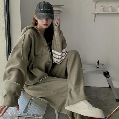 Женский спортивный костюм инфлюенсера: Свободное худи на молнии в корейском стиле и джоггеры для осенне-весеннего повседневного образа