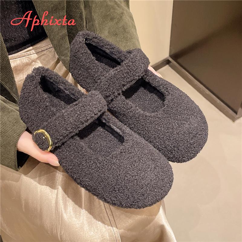 Aphixta Лоферы на плоской подошве с мехом для женщин, мягкие короткие плюшевые, на пряжке, женские лоферы, корейский стиль, женская обувь, обувь люксового бренда