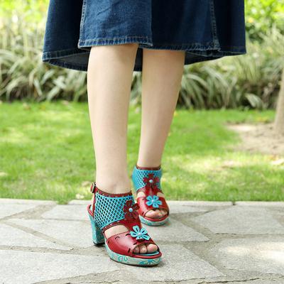 Женские босоножки на высоком каблуке из натуральной кожи с ручной росписью в стиле ретро и контрастной женской обуви в этническом стиле