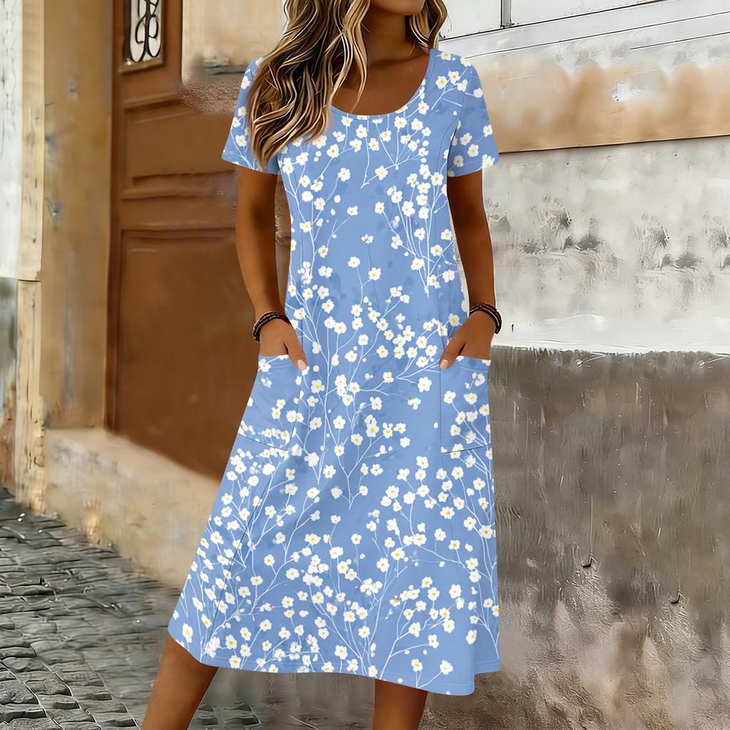 Women’s Short Sleeve Midi Dress with Maple Leaf Print Relaxed Fit Crew Neck Casual Pockets Soft Fabric Comfortable Wear