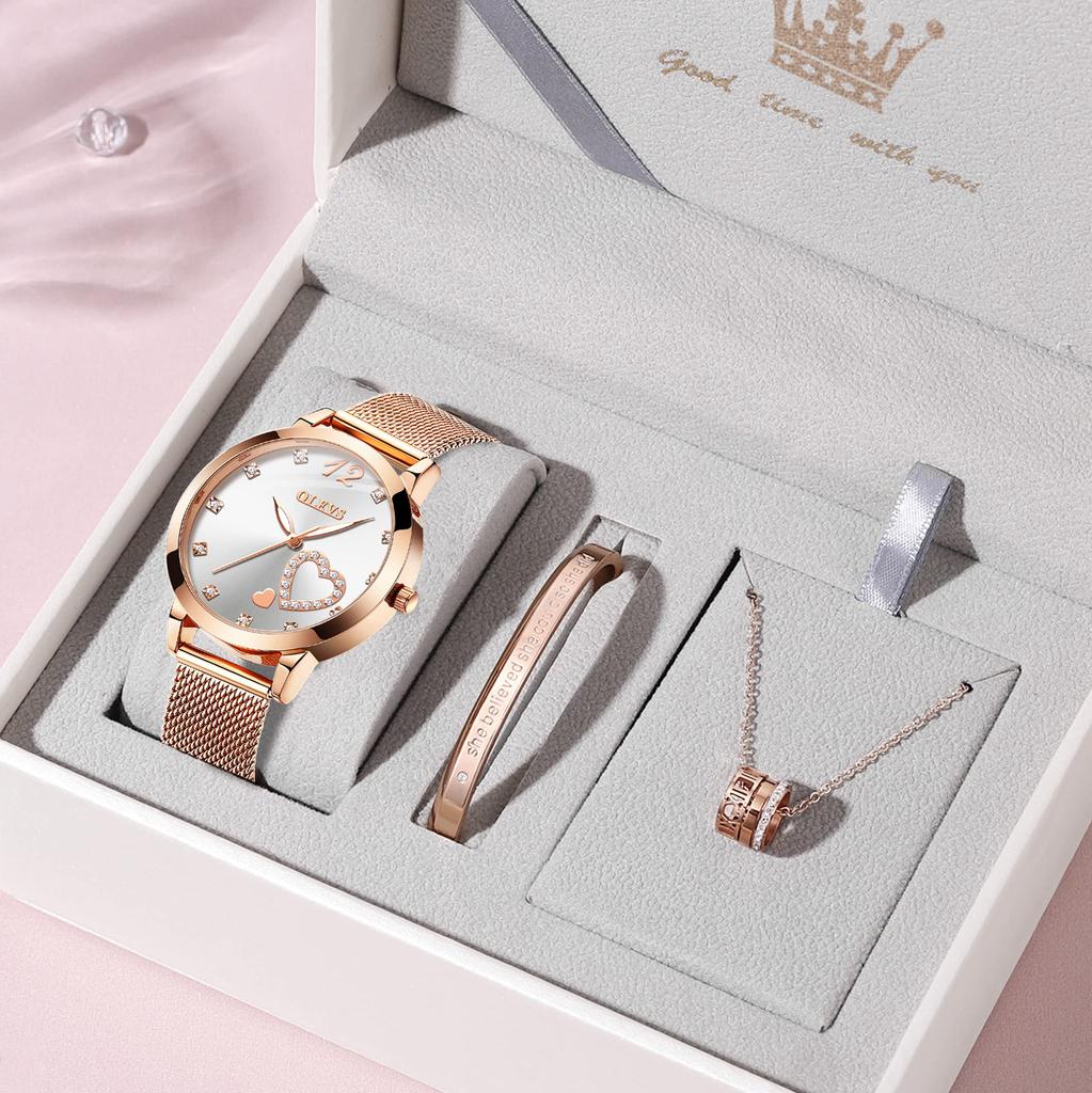 Наручные кварцевые простые нержавеющая сталь подарок на день для женщин OLEVS подарочный набор женские часы, браслет, ожерелье, бренд, милый, стильный,
