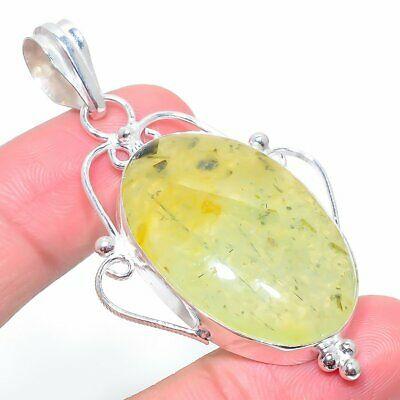 Natural Prehnite Gemstone Handmade 925 Sterling Silver Pendant 2.52" V3e71