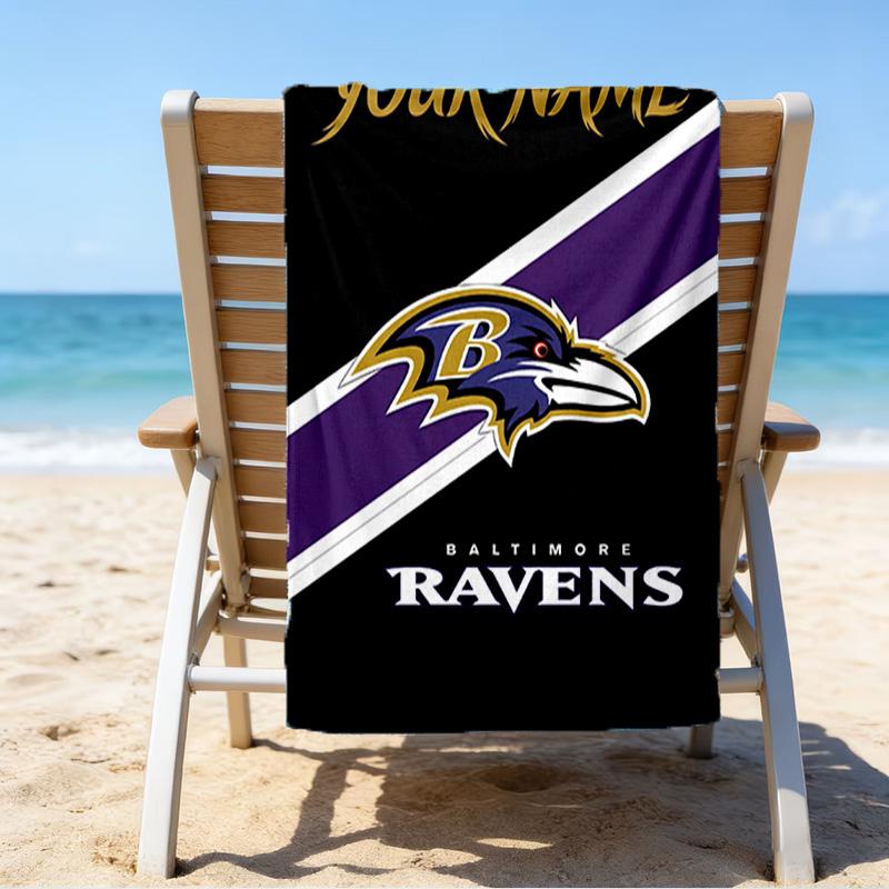 Custom Name Beach Towel Ravens Team Spirit Beach Towel, Soft Microfiber, Gift for Her/Him, Birthday, for Pool, Beach, Travel, Fan gifts
