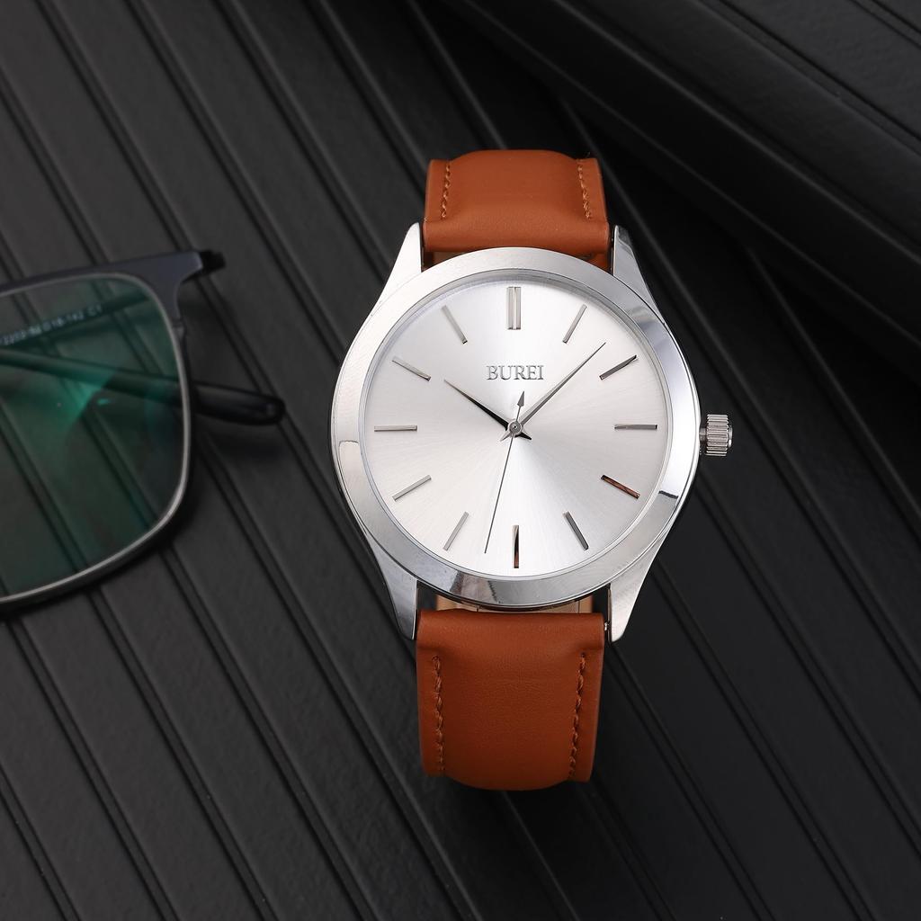 BUREI Мужские аналоговые кварцевые часы, Водонепроницаемые, Коричневый кожаный ремешок, Популярные, Тонкие, Простые, Стильные, Деловые, Повседневные, Мужские часы (Серебристый, Кожаный)