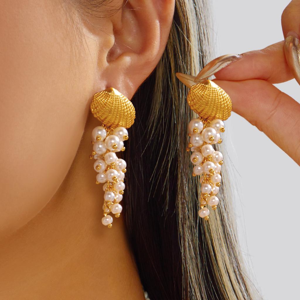 Design Sense Fish-shaped Earrings Creative Multi-layer Shell Scaly Tassel Drop Earrings Niche Summer Beach Vacation Jewelry