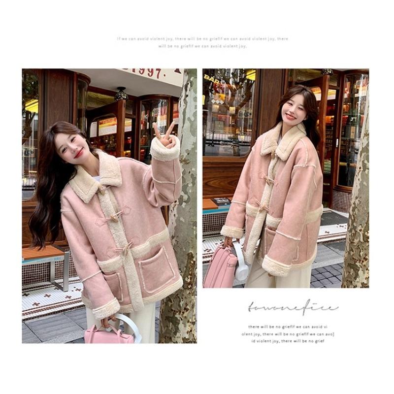 Pink lamb wool women's coat winter new high-end fleece thickened fur integrated coat cotton clothes tide