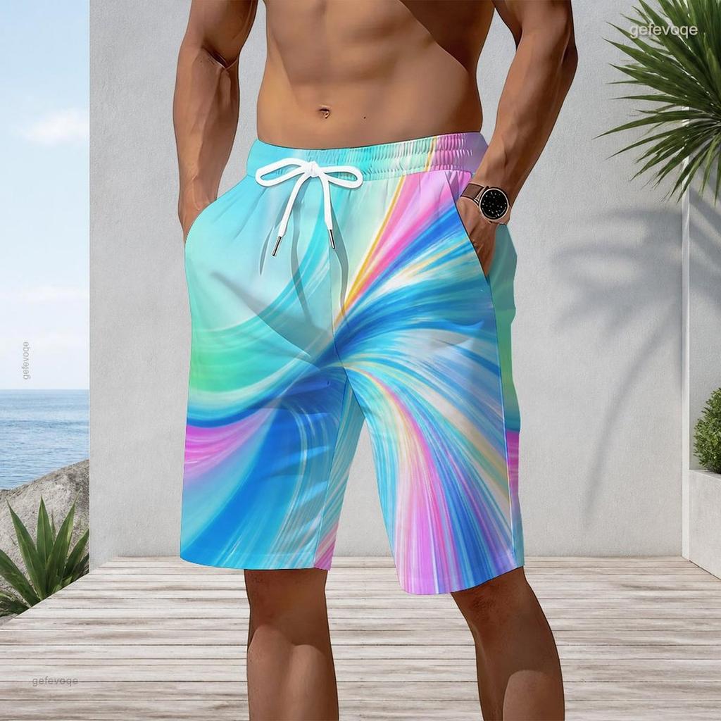 Men Plus Size Beach Shorts Abstract Colorful Swirl Print Quick Dry Drawstring Elastic Waist Casual Shorts For Summer Swimming Surfing