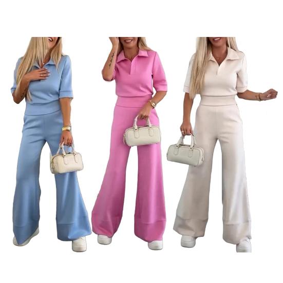 2 шт./компл. Женская повседневная рубашка и брюки, однотонный весенне-летний отложной воротник, короткий рукав, высокая талия, широкие брюки, длинные брюки