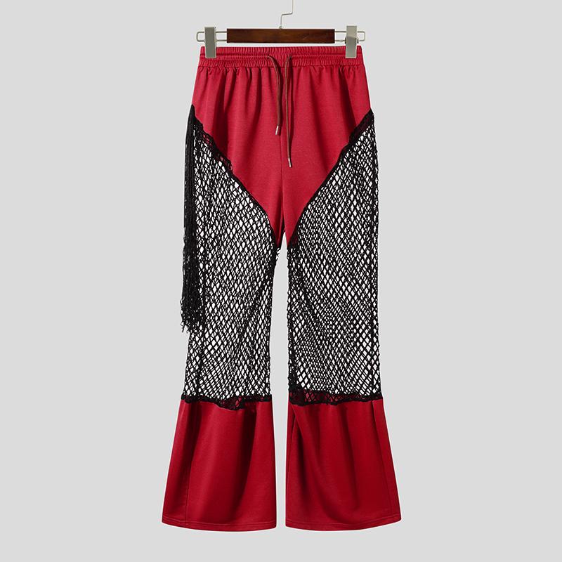 INCERUN Men Mesh Patchwork Pants High Waist Tassel See Through Trousers