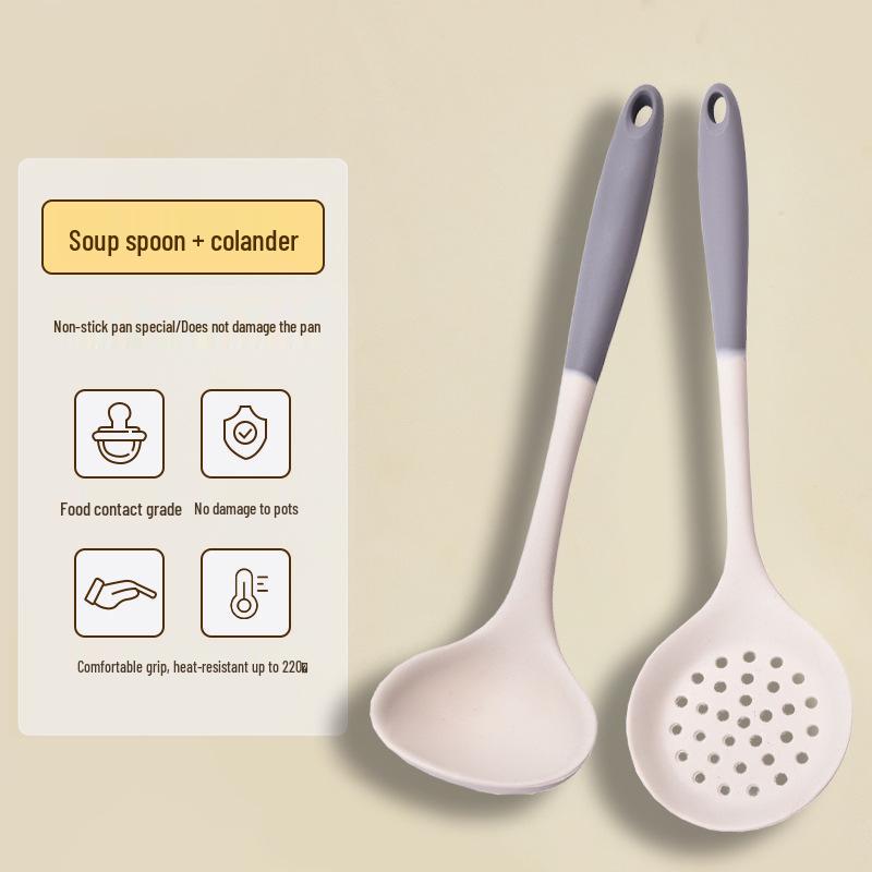 Серый и белый силиконовый набор кухонной утвари: Жаростойкий, антипригарный скиммер, лопатка и суповая ложка