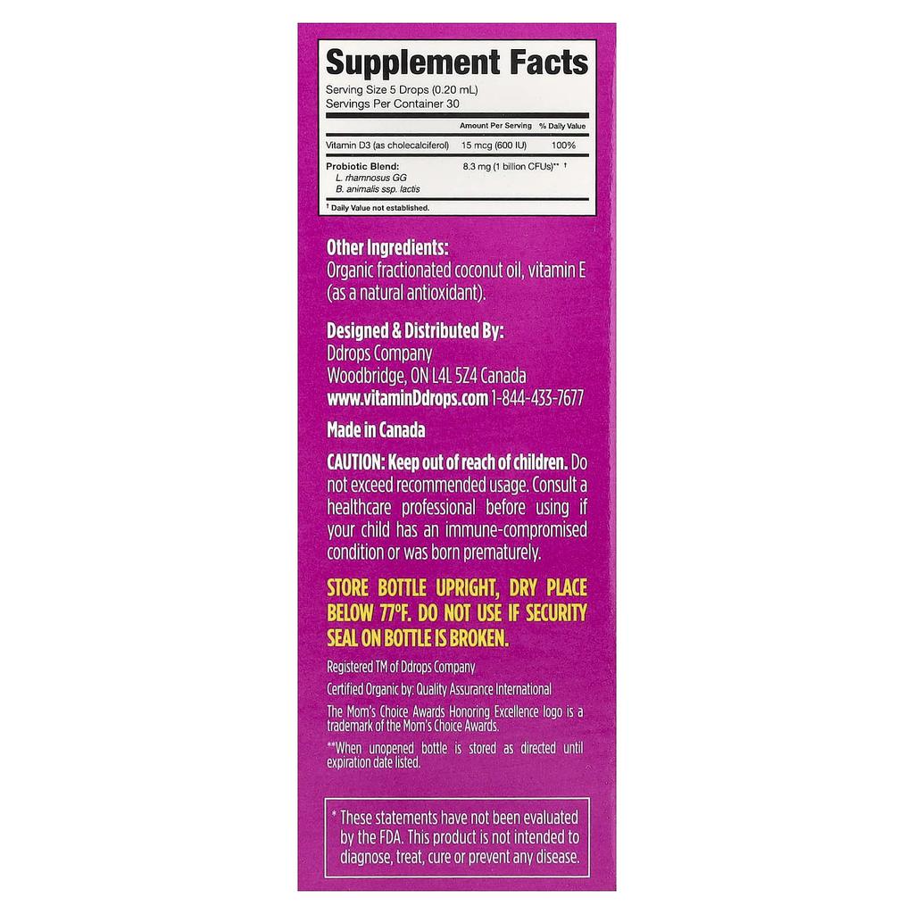 Ddrops, Children's Drops®, Organic Probiotic + Vitamin D Drops, for Ages 1+, 8 ml (0.27 fl oz)