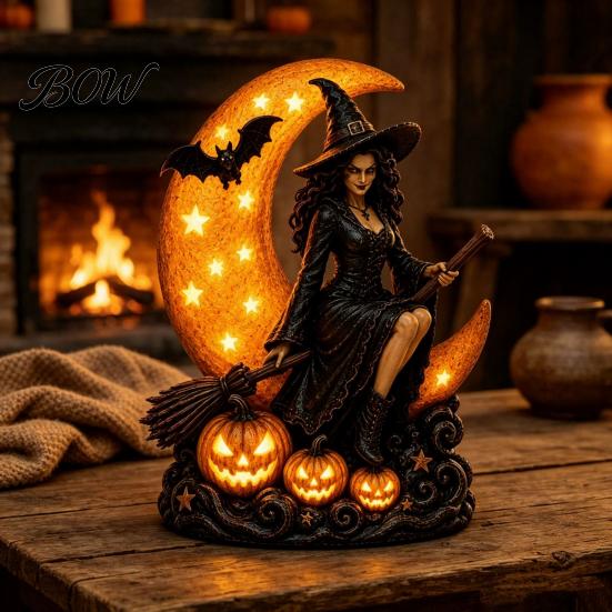 Artistic Mystical Home Decor Halloween Witch Lamp, Gothic Crescent Moon LED Night Light, Tabletop Statue Spooky Decorative Table Lamp for Bedroom