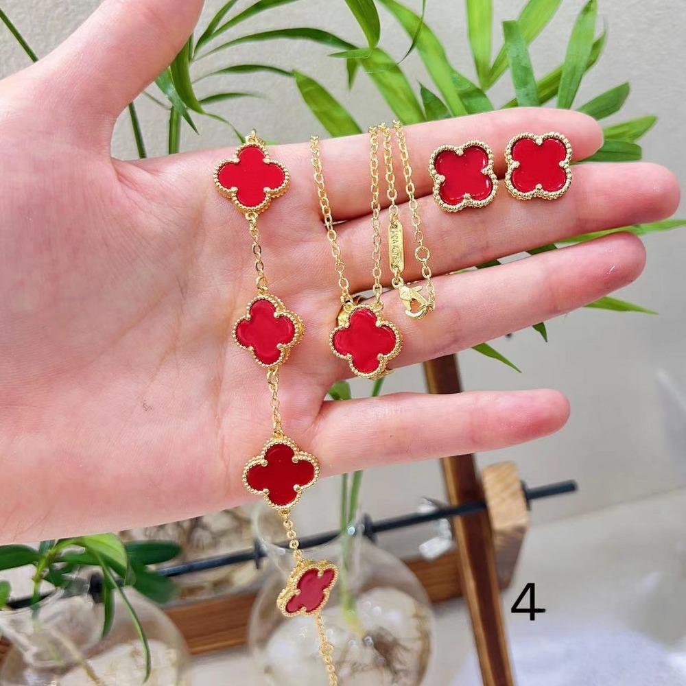 Набор украшений из 4 предметов Новый браслет-клевер с четырьмя лепестками, ожерелье, серьги