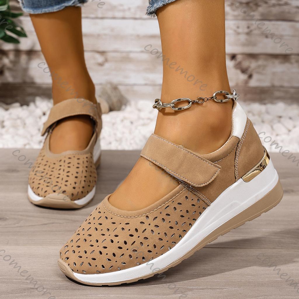 Comemore Summer New Lightweight Hollowing Sneakers for Women Casual Breathable Wedges Middle Heel Sports Single Vulcanize Shoes