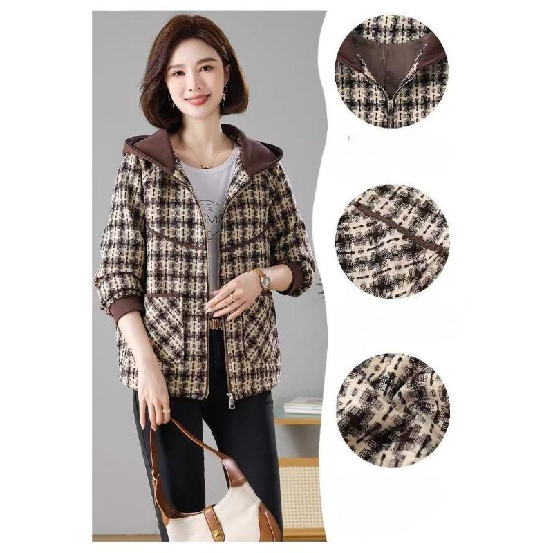 Chic Spring Hooded Checkered Coat Women Short Jacket Middle Aged Mom Fashion Casual Outerwear