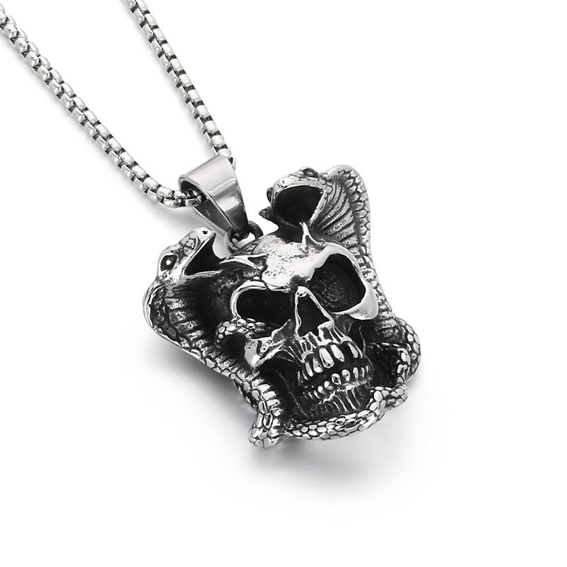 Skull & Double Snake Pendant Necklace for Men Stainless Steel Vintage Gothic Punk Jewelry Retro Biker Rock Accessory Gift