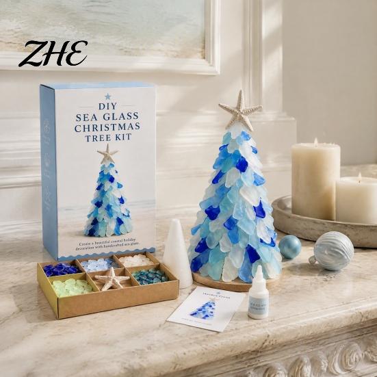 Beach Theme Home Decorations DIY Sea Glass Christmas Tree Art Kit, 3D Coastal Xmas Craft Kit Shards with Pieces, Handmade Beach-Themed Holiday