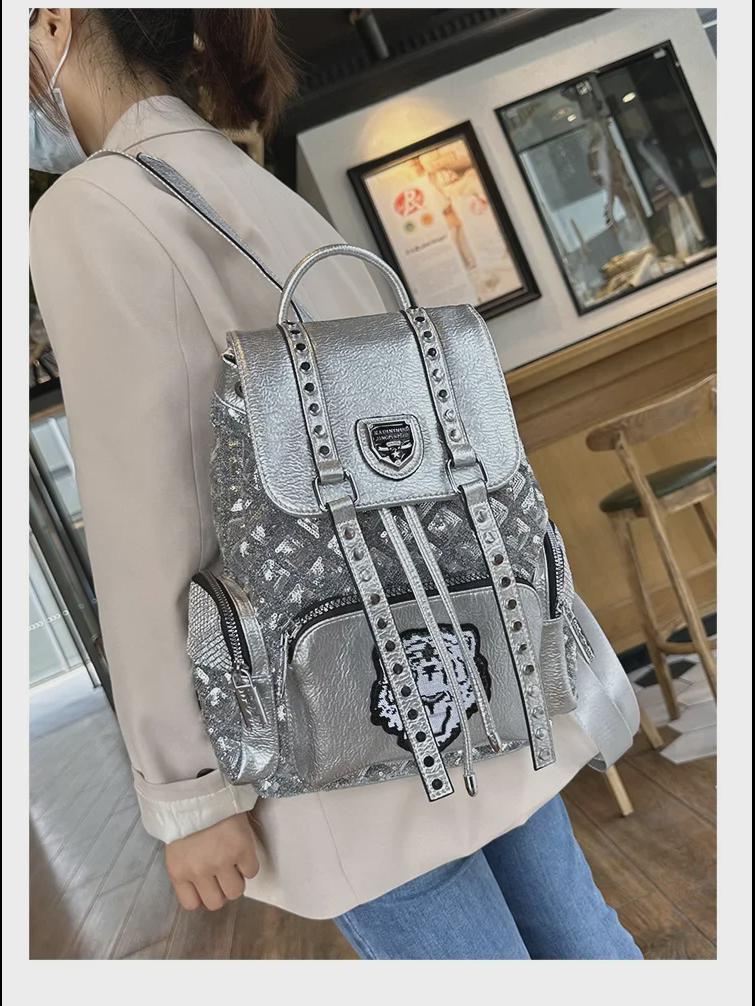 2023 Women's British Style Sequined Drawstring Soft Leather Backpack - Versatile & Fashionable Travel Bag