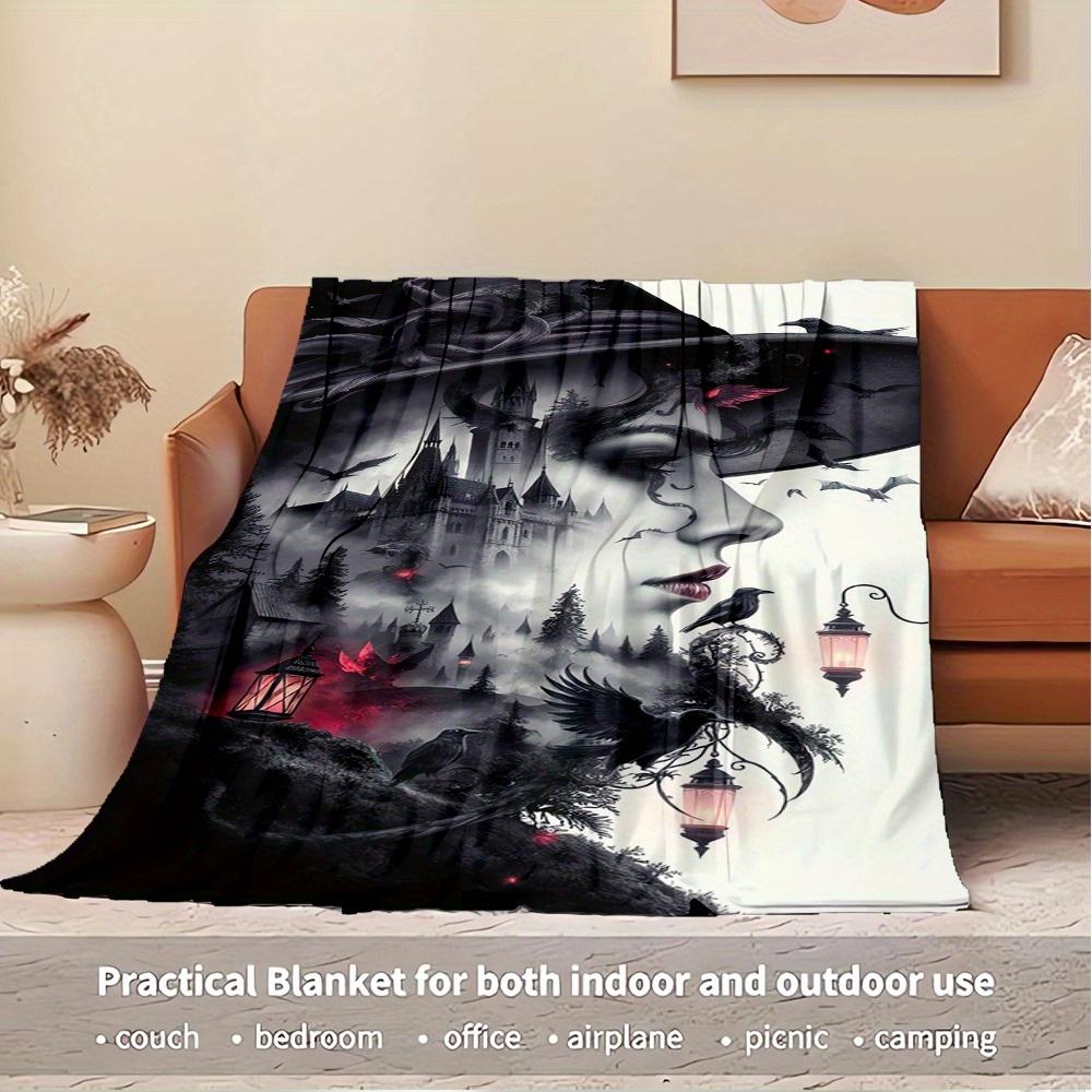 For Witch,Castle,Ravens-Themed Flannel Blanket, Glam Style, Digital Print, All-Season Comfort, Tear-Resistant, Knitted Craftsmanship, Polyes