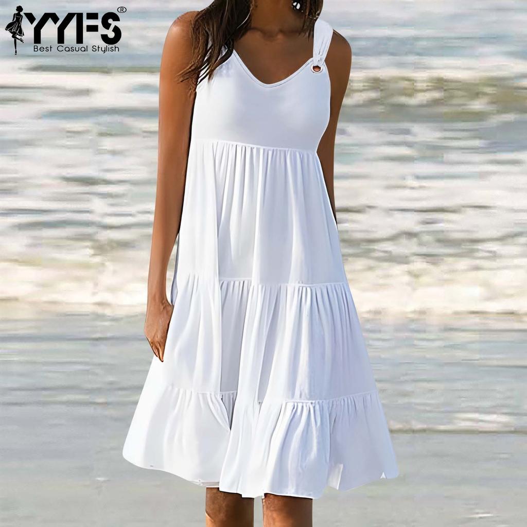 YYFS Women's Fashion Summer Spring Solid Color Print Sleeveless V-Neck Middle Waistline Casual Dresses