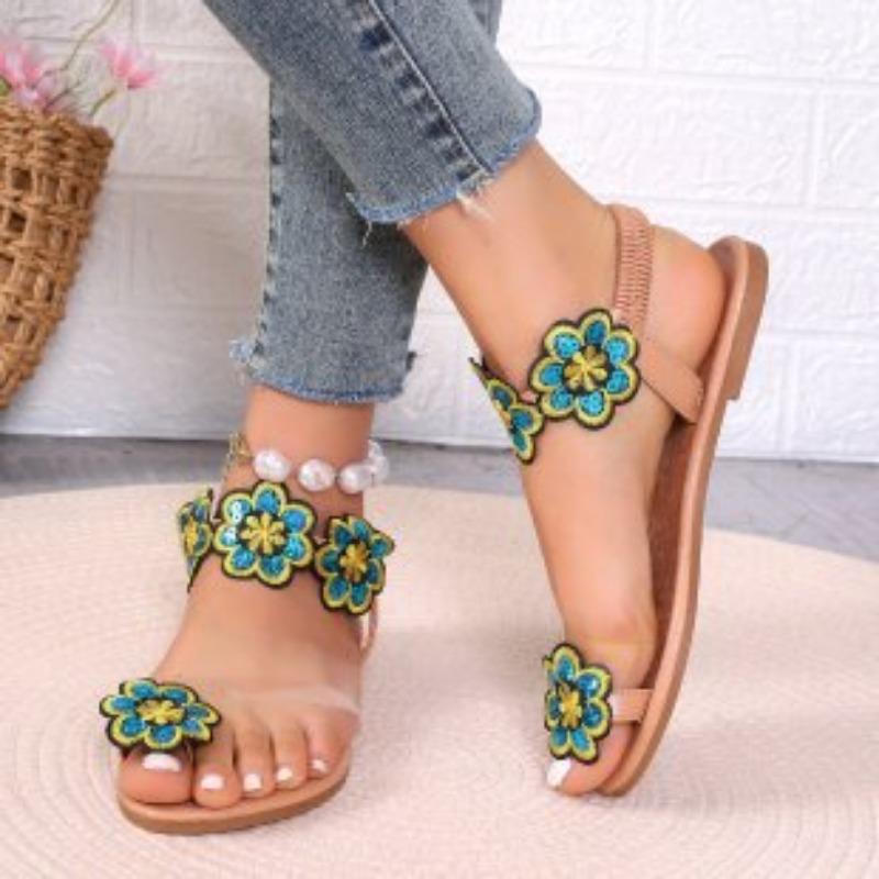 Женские сандалии на плоской подошве большого размера с цветочным принтом для отпуска и эластичным носком, а также пляжные сандалии