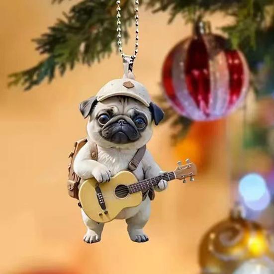 Guitar Dog Acrylic Hanging Decoration Home Indoor Christmas Tree Car Rearview Mirror 2D Flat Pug