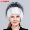 JERYAFUR Женская зимняя меховая шапка из натурального меха, вязаная меховая шапка с помпоном из норки и лисы с шариками, стильная теплая модная шапка для девочек, шапка
