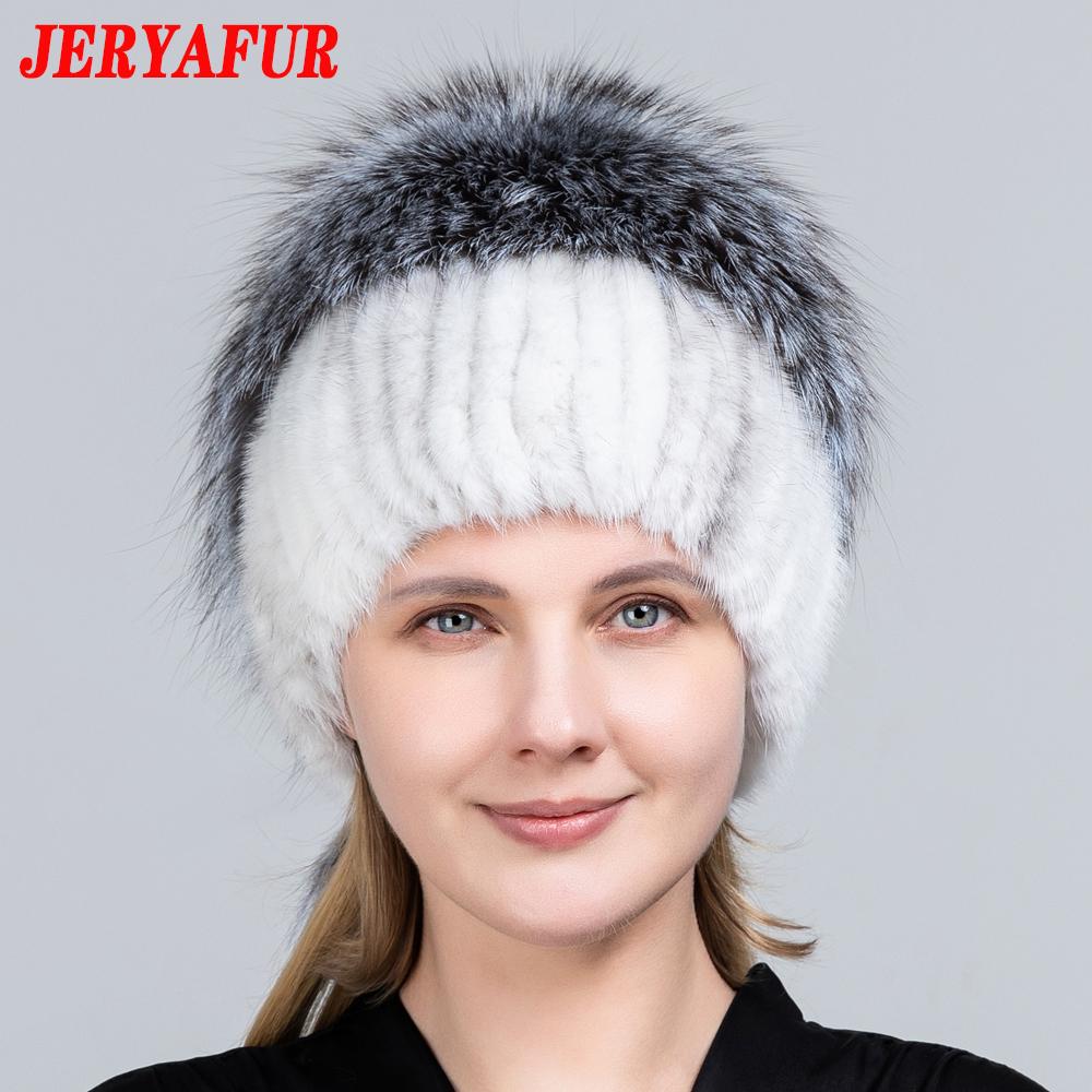 JERYAFUR Женская зимняя меховая шапка из натурального меха, вязаная меховая шапка с помпоном из норки и лисы с шариками, стильная теплая модная шапка для девочек, шапка
