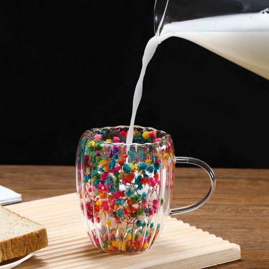 Кружка из двухслойного стекла с сухоцветами 250/350 мл, термостойкая, с ручкой, кофейная чашка для горячих напитков, уникальная художественная стеклянная посуда