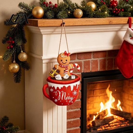 Christmas Party Theme Decor Wooden Hanging Sign, Cute Gingerbread Man Hot Cocoa Mug Welcome Door Seasonal Sign Holiday Hanger for Indoor Outdoor Front