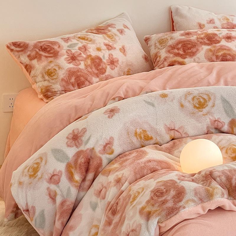 Rabbit Fleece Four-Piece Set, Thickened Milk Fleece Quilt Cover, Coral Fleece Bed Sheet Quilt Cover, Fleece Bedding