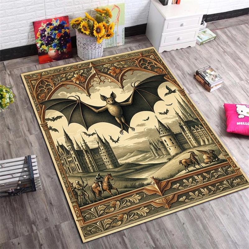 Gothic Golden Frame Bat Floral Starry Area Rug, Dark Botanical Decor Carpet for Home Living Room Bedroom