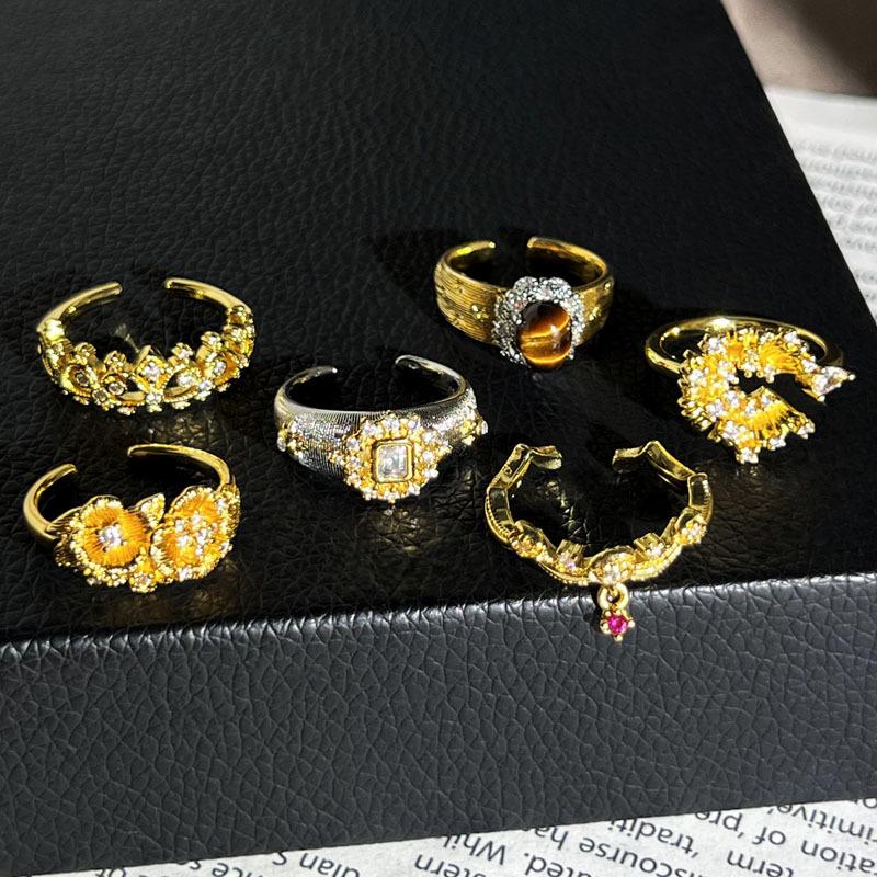 Palace style mixed and matched flower brushed hollow retro inlaid temperament open ring women's exquisite light luxury fashion ring