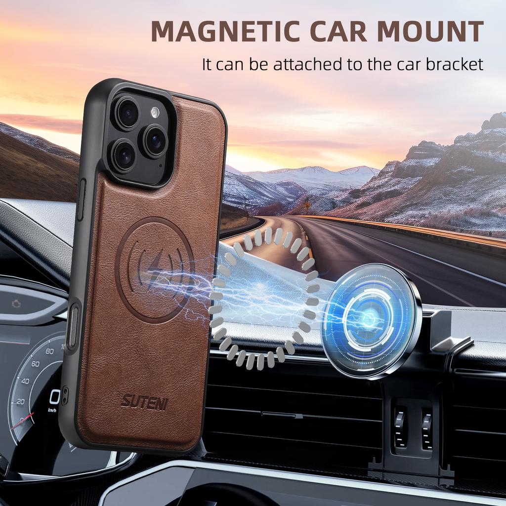 SUTENI Frosted Feel Faux Leather Magnet Wireless Charging Phone Case for IPhone 17 Pro Max 16 Plus 15 14 Pro 13 12