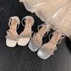 New Rhinestone Silver One-word Sandals Female Summer New Fairy Wind Wear Open-toed Thick-heeled High-heeled Sandals