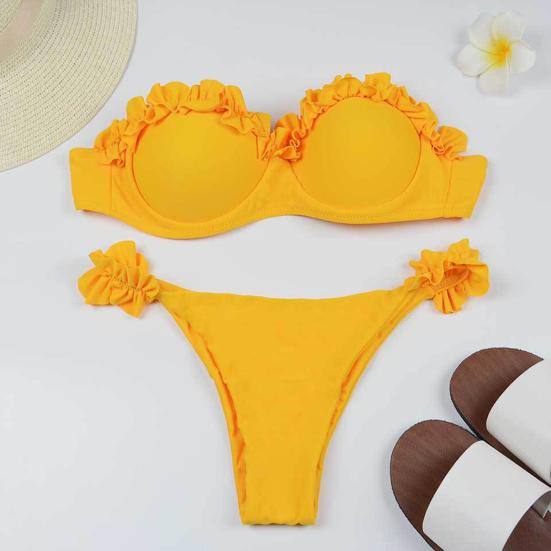 2Pcs/Set Women Summer Bikini Set Bandeau Ruffle Trim Bra Mid Rise Briefs Set Push Up Bathing Suit Split Design Swimsuit