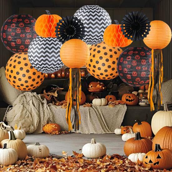 12 шт. Украшения для Хэллоуина, сотовые тыквенные шары-фонарики, бумажные веера, подвесные украшения, жуткий декор для дома, офиса, вечеринки