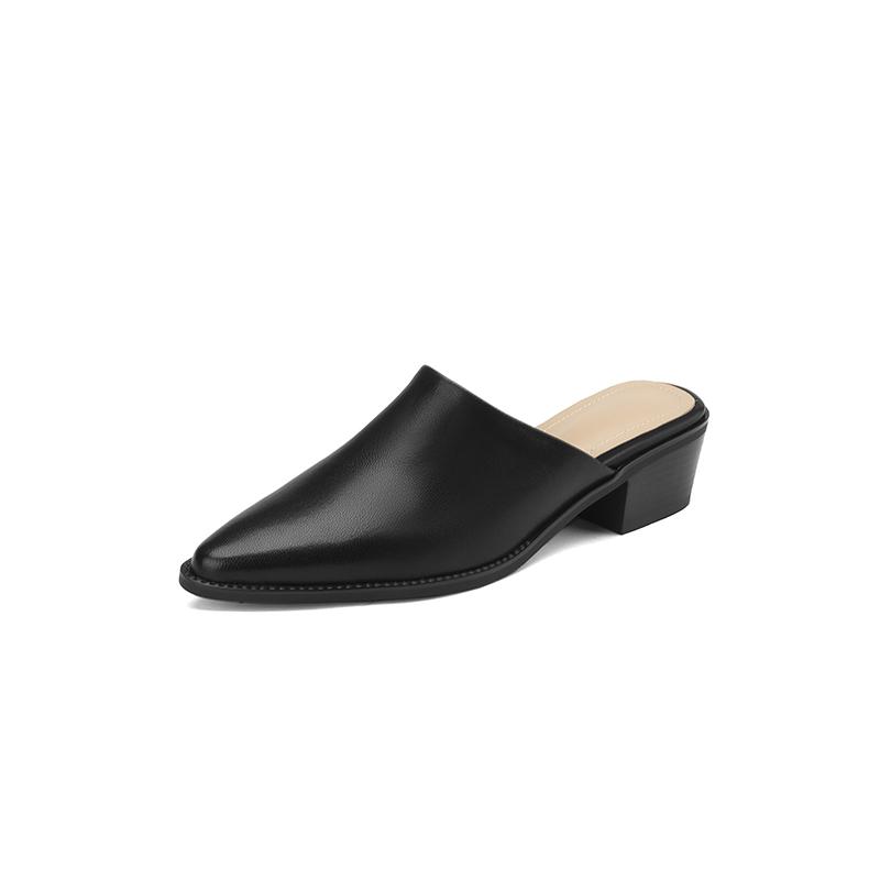 2024 Новые лаконичные женские туфли-лодочки весна-лето офисные повседневные мюли из натуральной кожи с острым носком на толстом каблуке тапочки женские