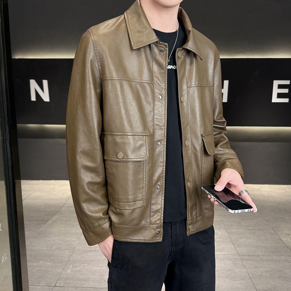 Мужская повседневная трехцветная кожаная мотоциклетная куртка приталенного силуэта с новым трендом лацканов (2025)