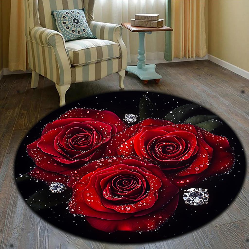 1 шт. круглый ковер с рисунком красной розы для дома, нескользящий моющийся ковер из волокна, мягкий удобный коврик для спальни, гостиной