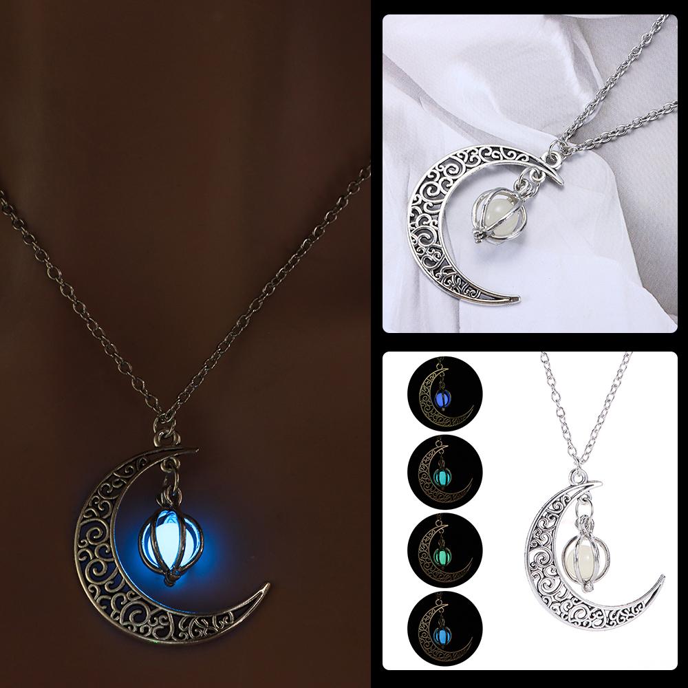 Unisex Gifts Xmas Luminous Necklace Silver Plated Moon&Pumpkin Pendant Glow In The Dark