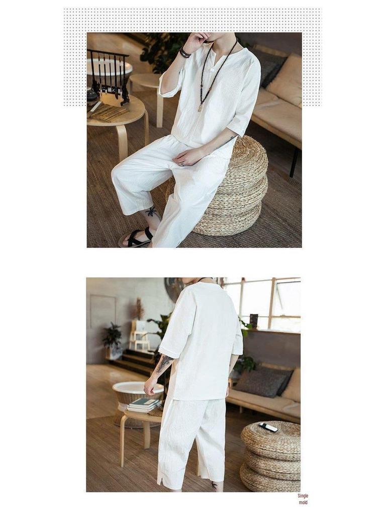 Men's Chinese Linen Pajama Set: Short Sleeve Hanfu Top with Frog Buttons and Cotton Linen Capri Pants In Trendy Loose Fit