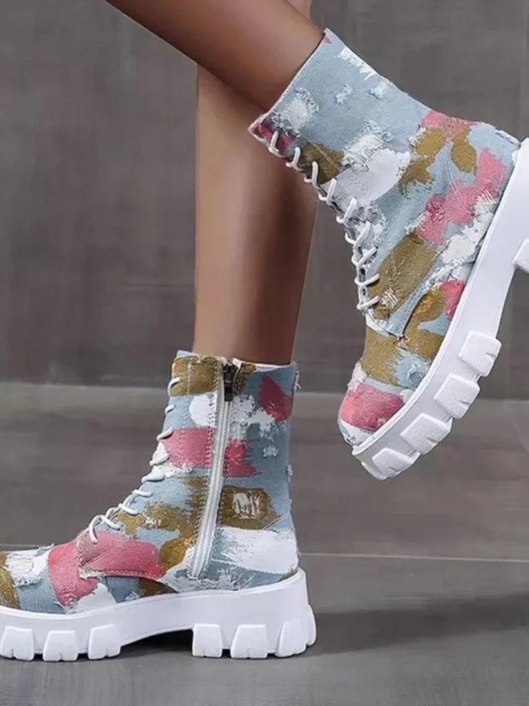 Fashion Autumn New Women's Boots 2024 Fashion Denim Camo Women's Ankle Boots Patchwork Fabric Platform Women's Sports Boots