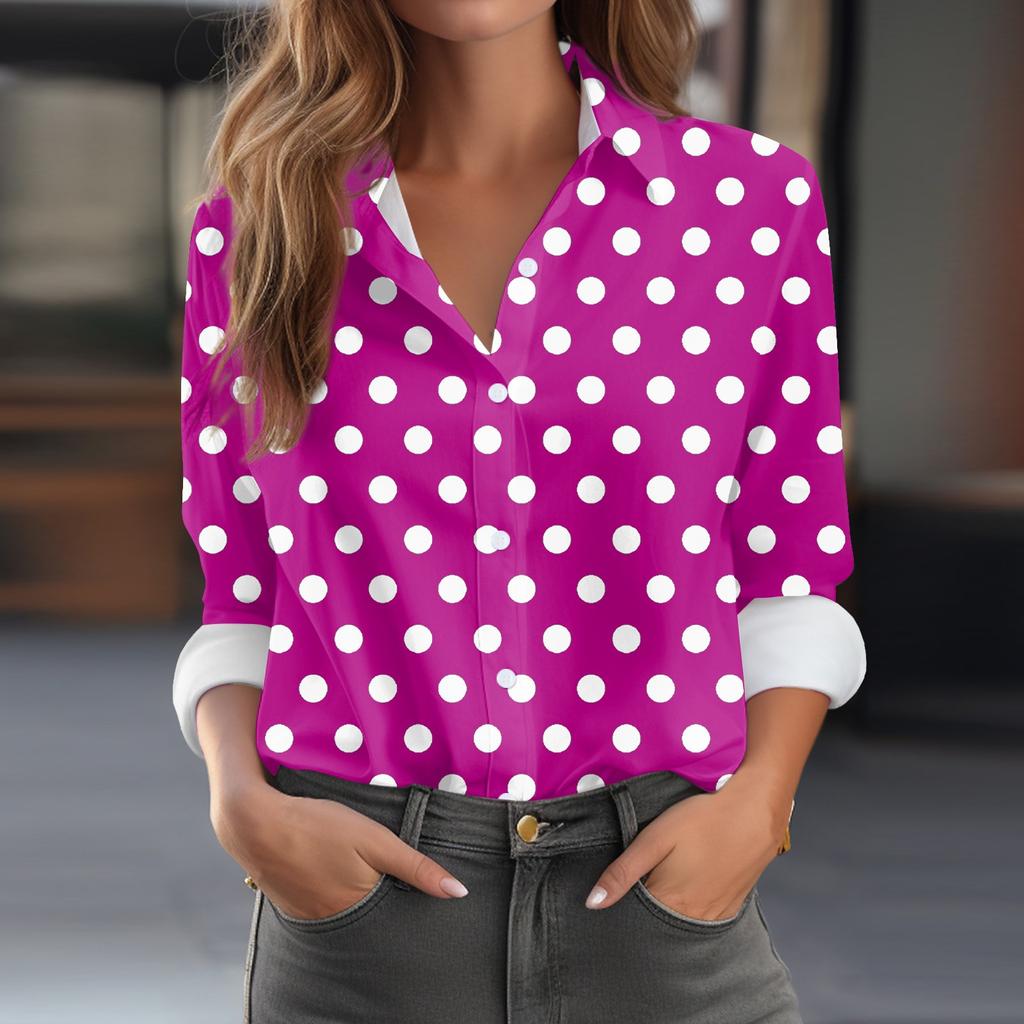 Женская рубашка-блузка с принтом и пуговицами, длинный рукав, повседневный базовый рубашечный воротник, обычный топ