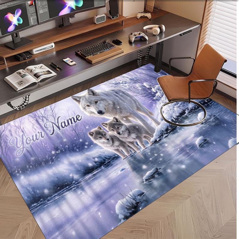 Wolf Theme Soft Crystal Velvet Rug Custom Name & Text Print Non Slip Floor Rug for Bedroom Living Room