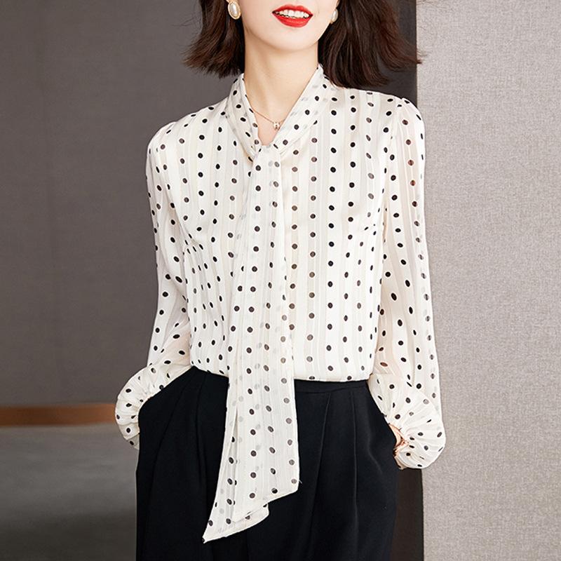 Летняя новая женская одежда свободный стример горошек тонкий темперамент элегантный тонкий топ с длинными рукавами для женщин
