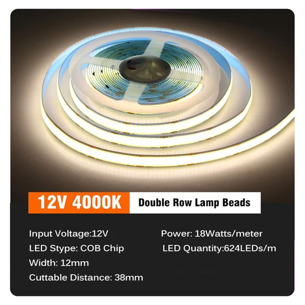 COB LED Lights Strip DC12V/24V High Brightness Flexible FOB LED Tape Double Row 624LEDs/m RA90 3000K 4000K 6000K Dimmable Strip