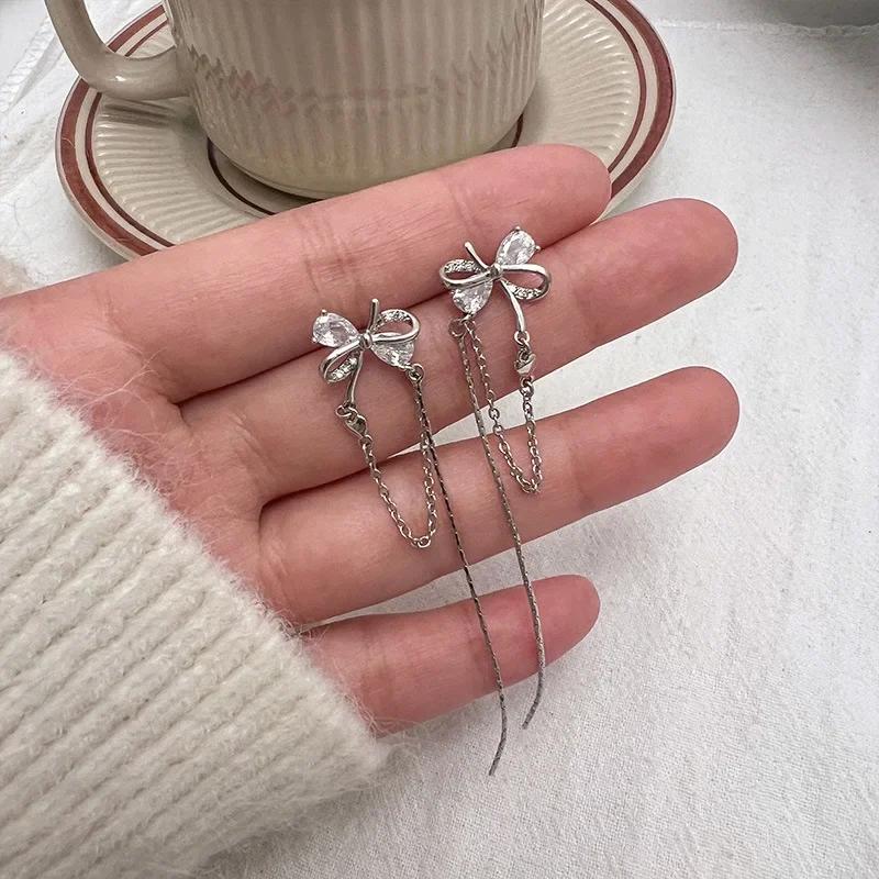 Корейские серьги-гвоздики из стерлингового серебра 925 пробы с кристаллами в виде банта, длинные, для женщин, свадебные, вечерние, ювелирные изделия, подарок, женские серьги