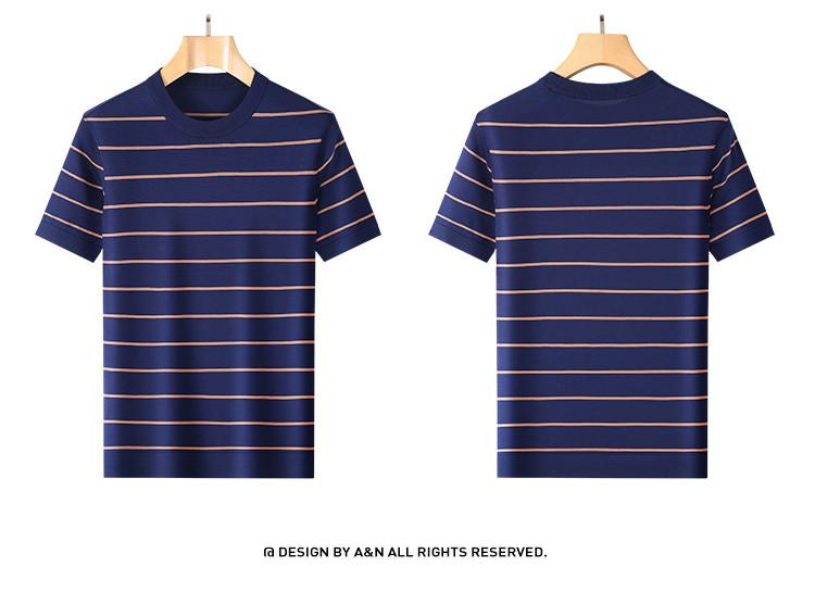 Men's Round Neck Short-Sleeved T-Shirt with Triacetic Acid & Color Woven Stripes