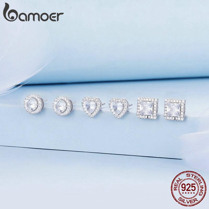 BAMOER Platinum Plated Halo CZ Stud Earrings 925 Sterling Silver Hypoallergenic Classic Elegant Earrings Fashion Jewellry